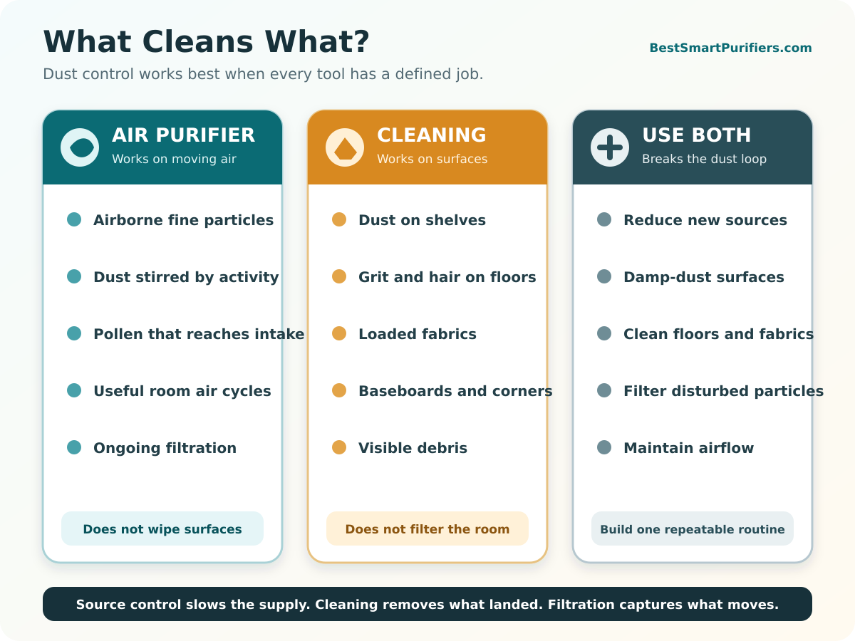 Comparison showing which dust problems need an air purifier, physical cleaning, or both