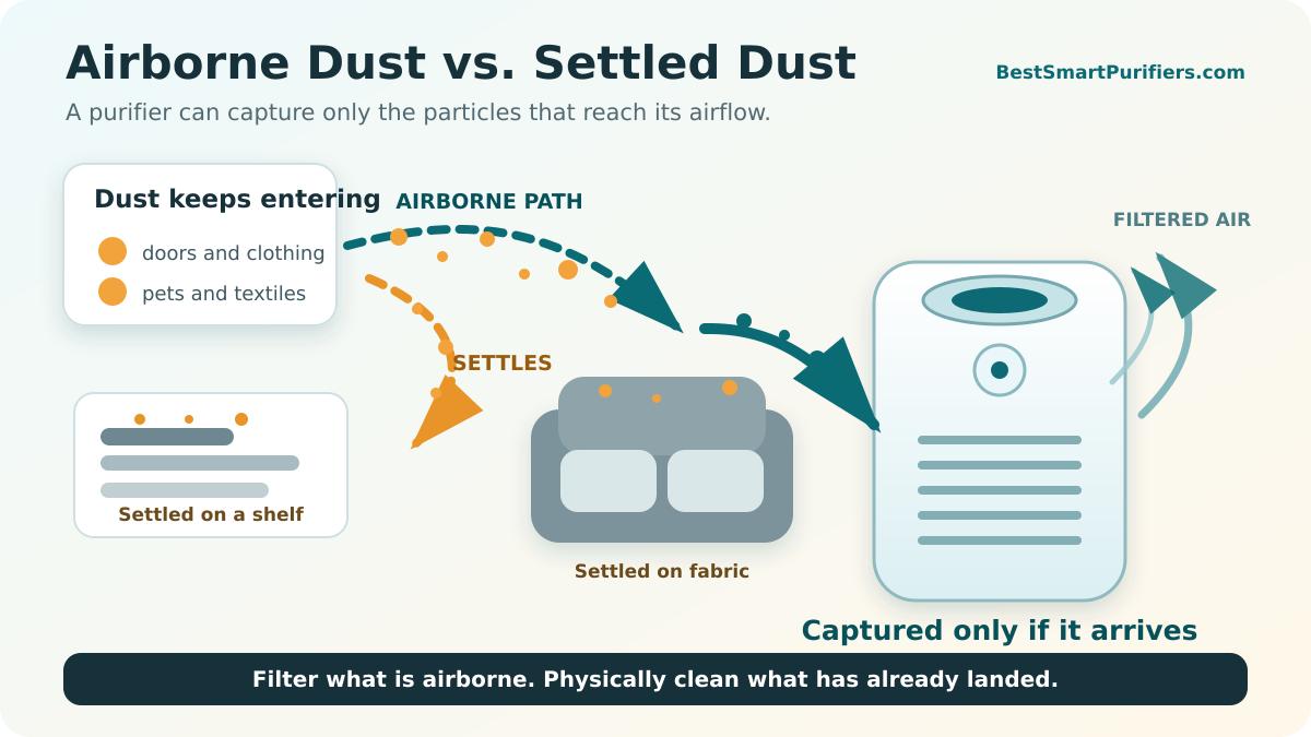 Living room diagram showing airborne dust entering an air purifier while settled dust remains on furniture and floors