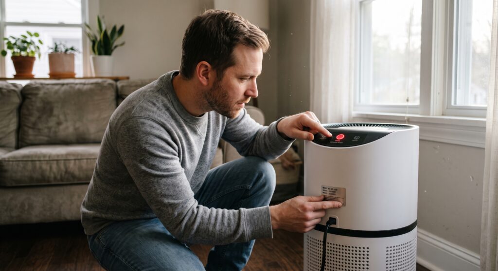 Homeowner checking a red replace-filter light and the model label on a portable air purifier