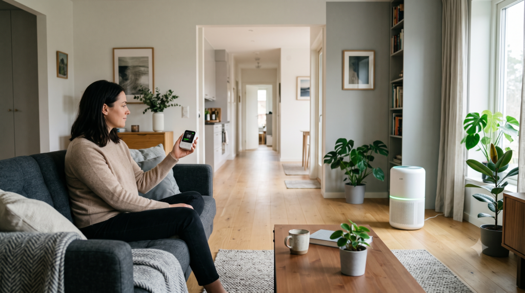 Homeowner comparing a smart air purifier display with a separate indoor air-quality monitor across the room