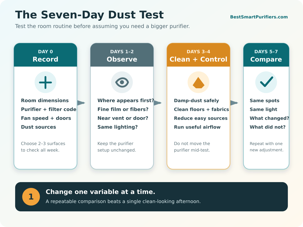 Seven-day dust-control test for recording room conditions, cleaning surfaces, running the purifier, and comparing results