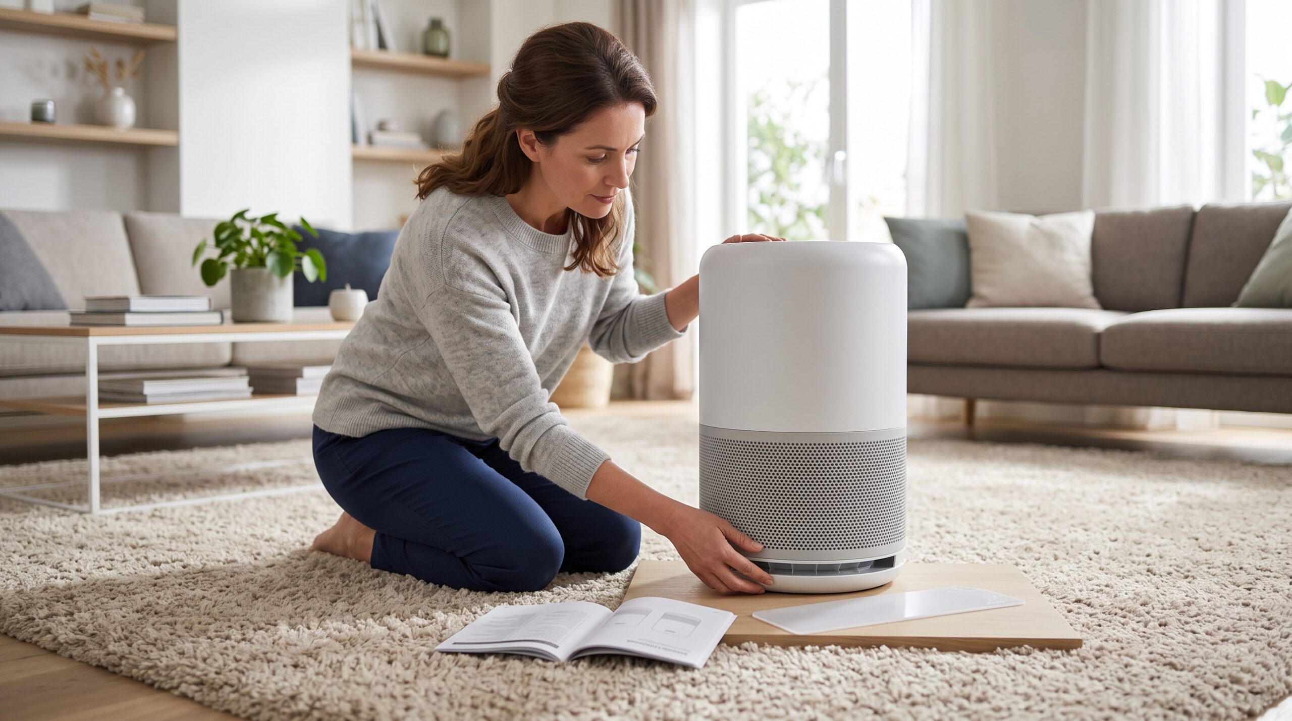 Homeowner checking whether carpet blocks the lower intake of an air purifier
