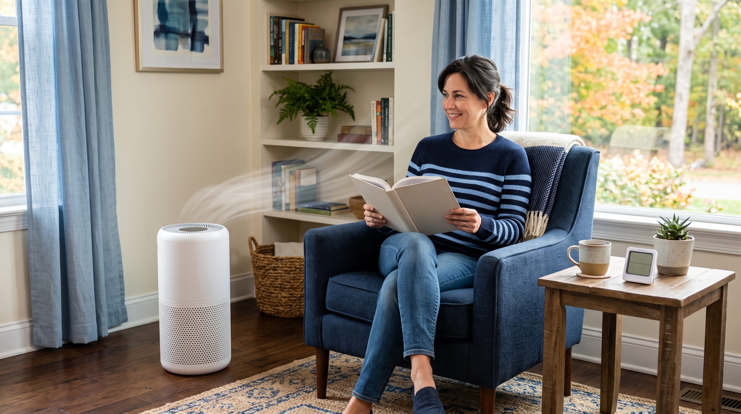 Homeowner notices an air purifier makes the room feel cold by directing airflow toward a reading chair