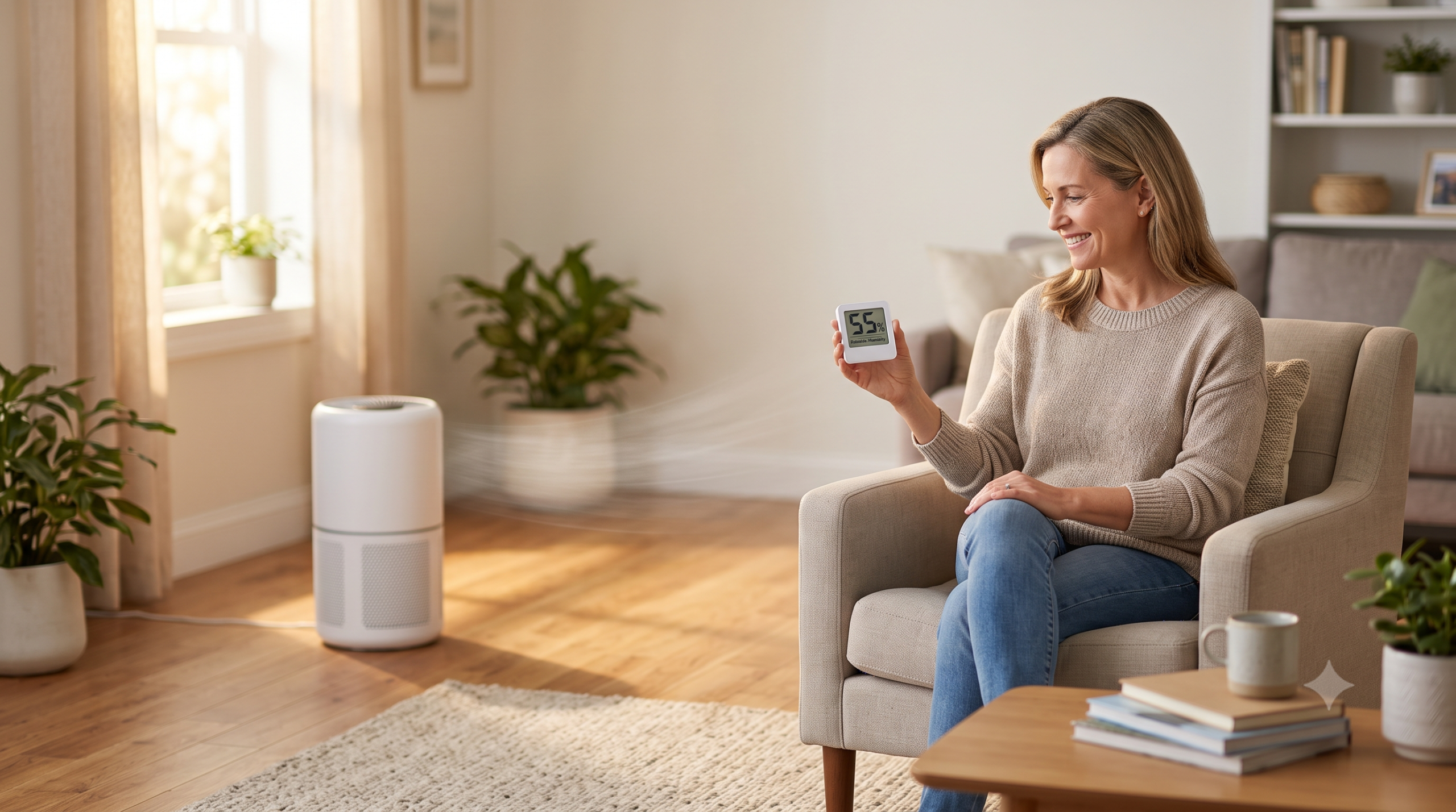 Homeowner using a humidity meter to check whether an air purifier dries out the room
