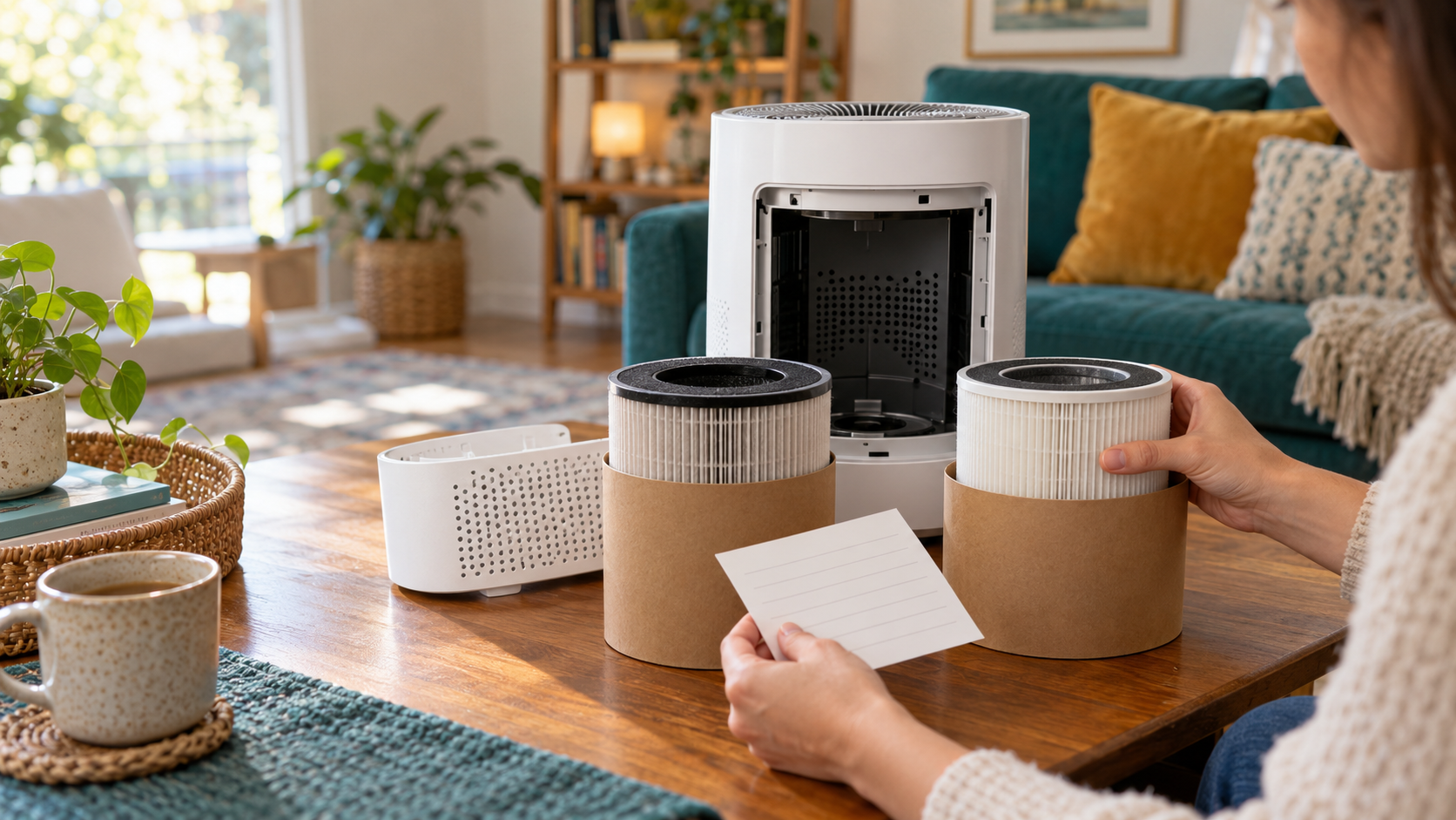 Homeowner comparing two cylindrical replacement filters beside an open portable air purifier before checking fit and filter details