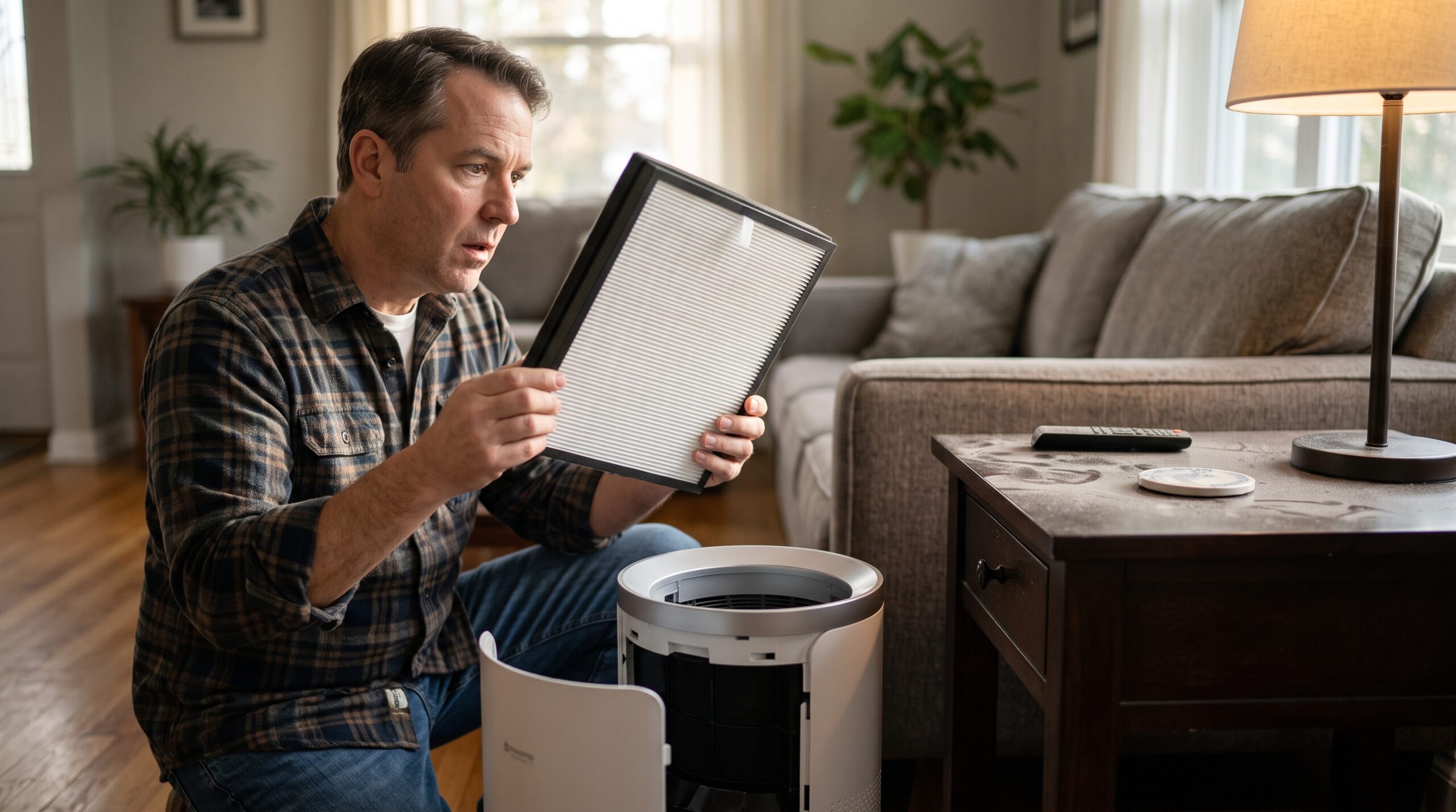 Homeowner inspecting a clean-looking air purifier filter beside a dusty table