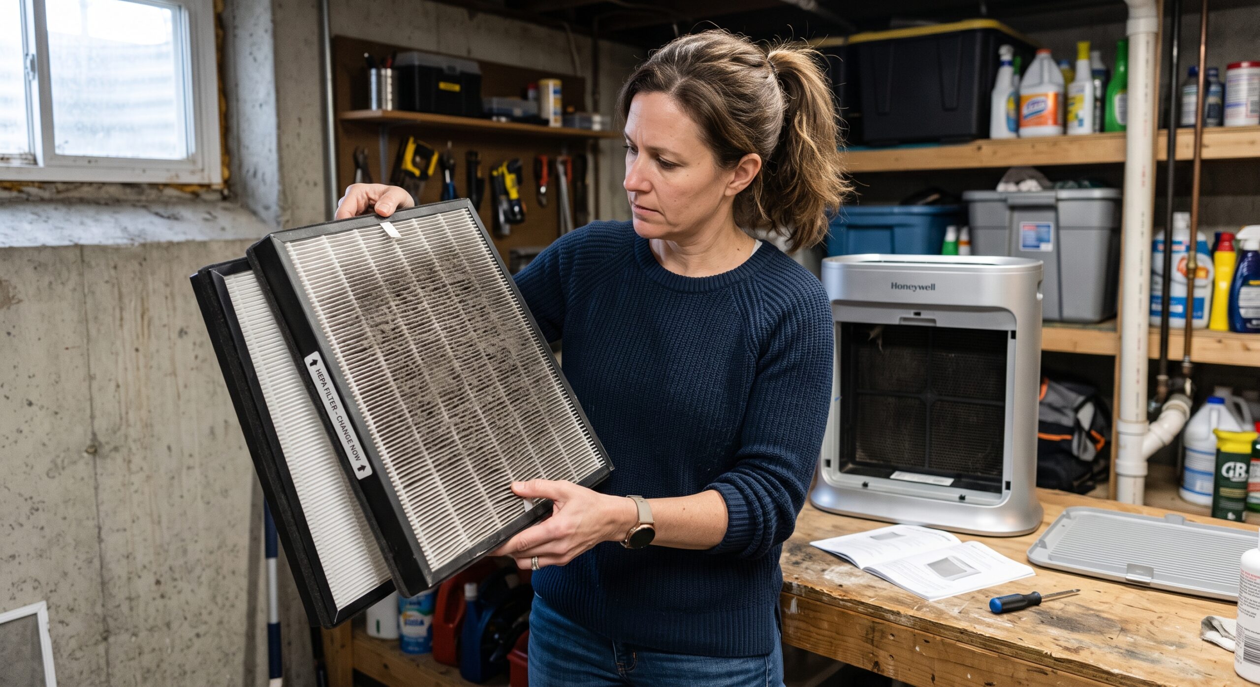 Homeowner inspecting an air purifier filter that is dirtier on one side