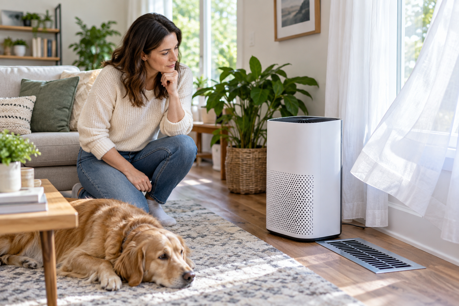 Homeowner checking a portable air purifier positioned near a floor HVAC supply register