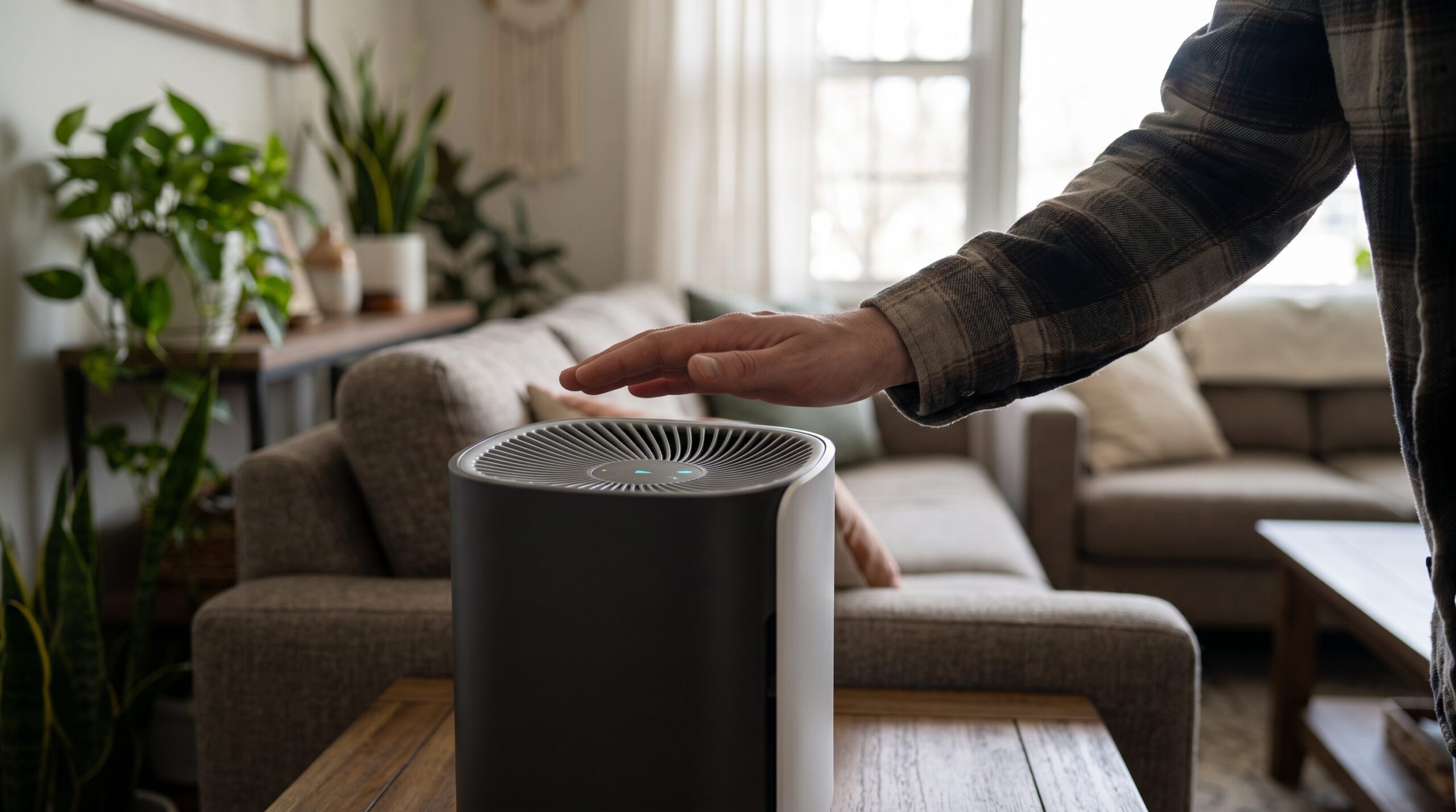 Person holding a hand above a portable air purifier's outlet in a living room.