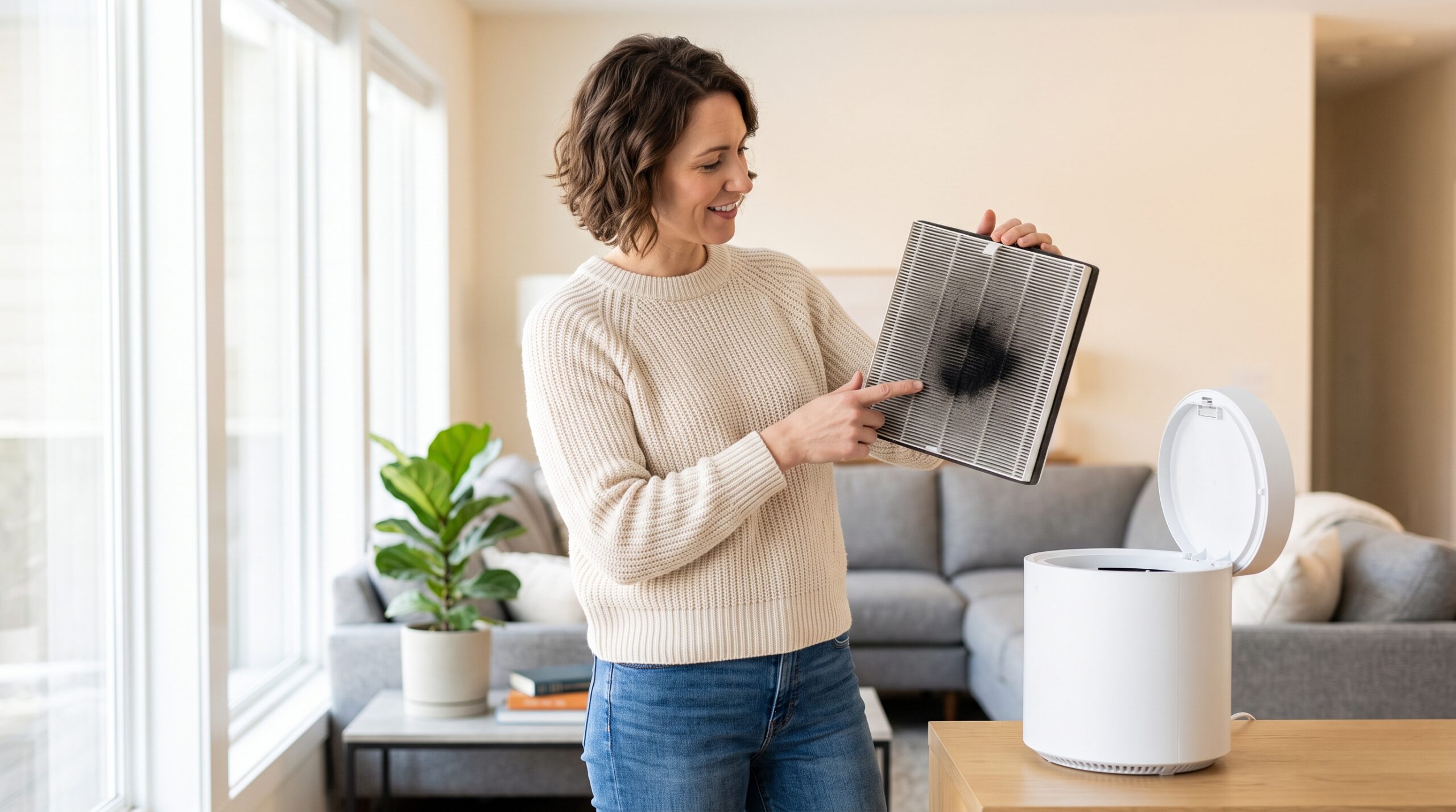 Homeowner inspecting a gray and black air purifier filter beside a portable air purifier