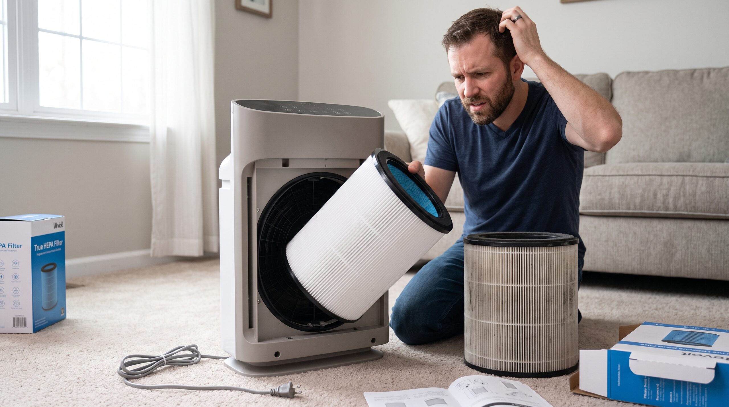 Homeowner comparing a replacement filter with an unplugged air purifier after it will not seat correctly