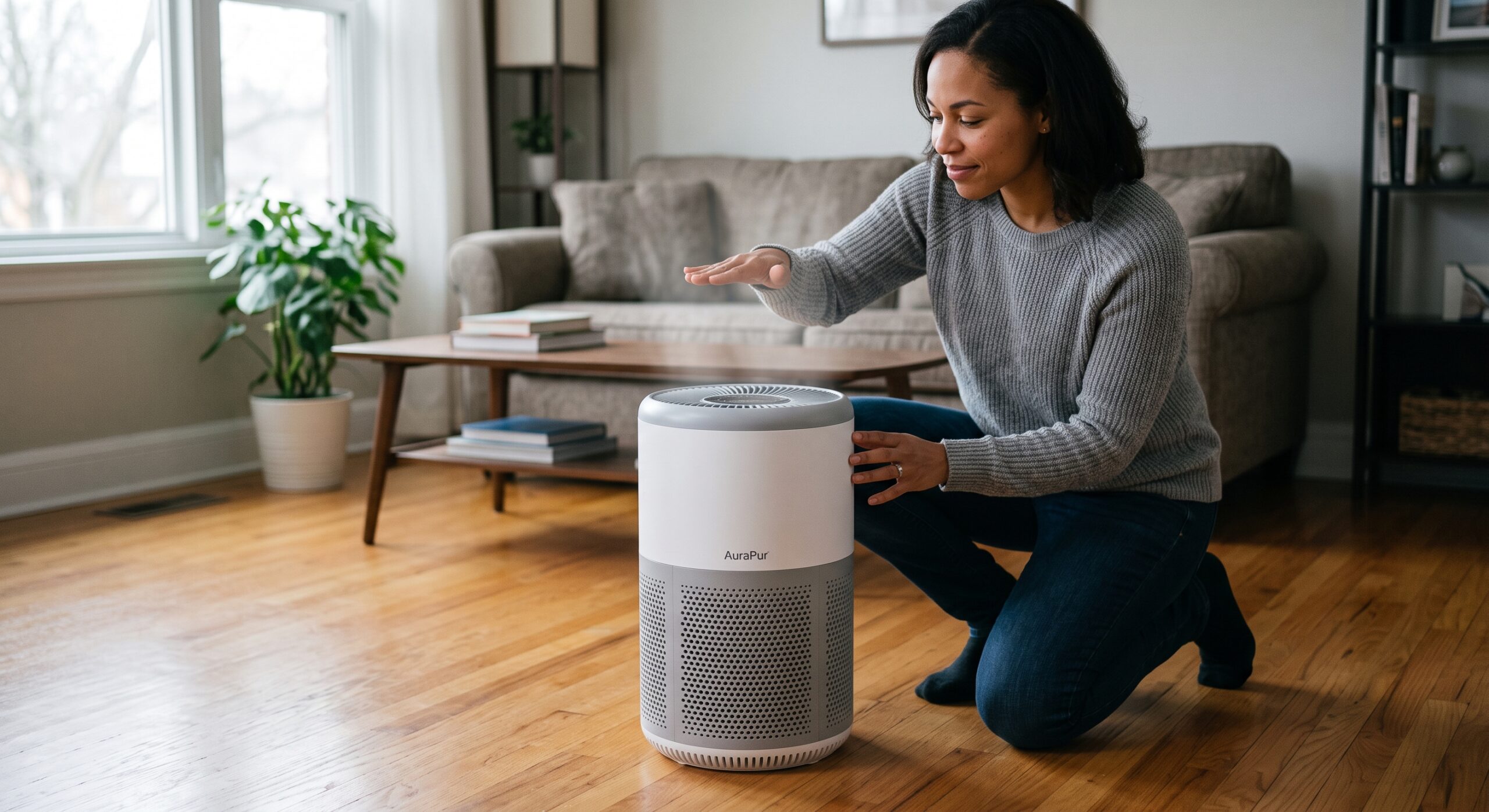 Person holding a hand above a portable air purifier’s outlet in a living room.