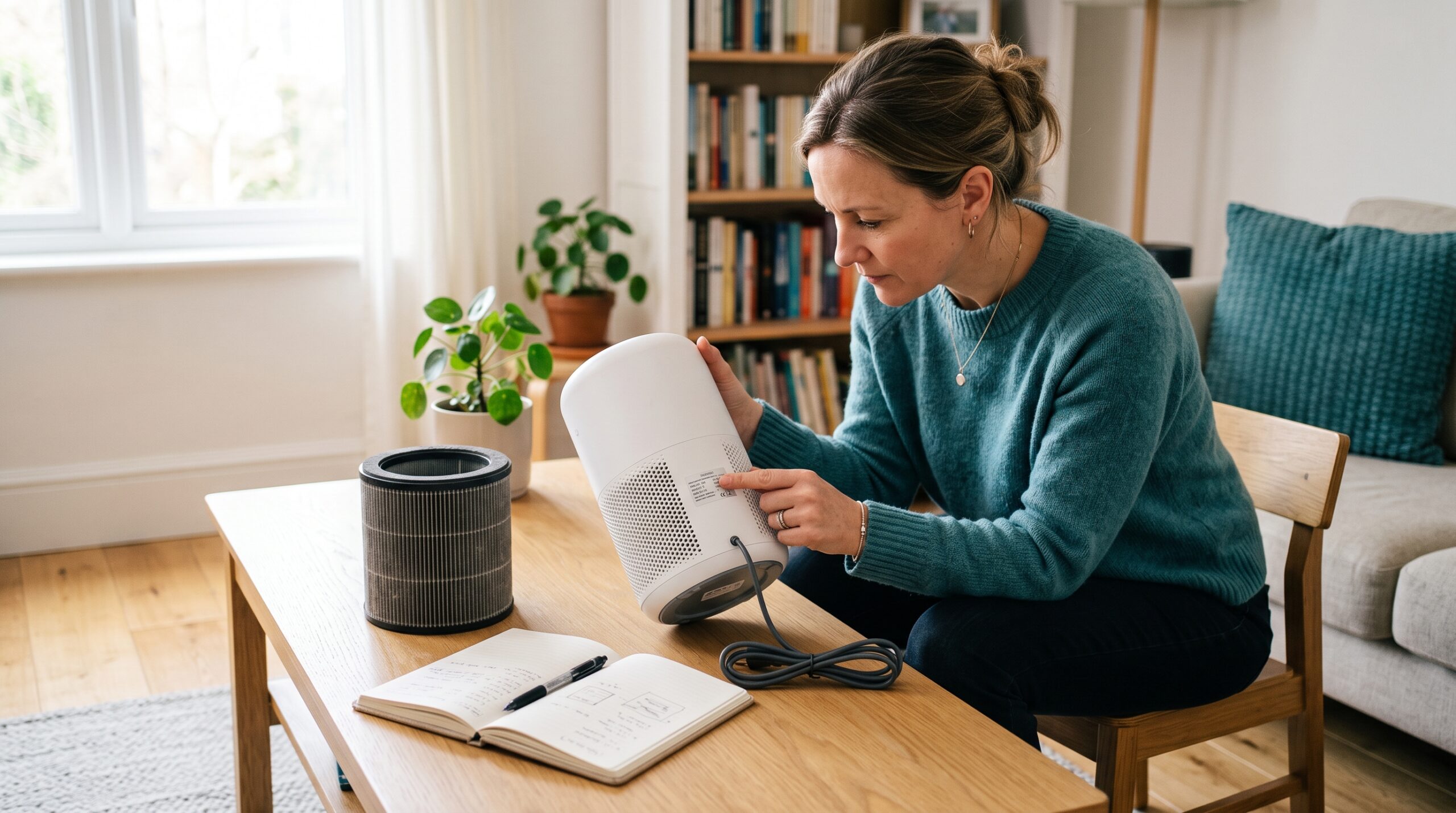 Adult homeowner reading the model label on an air purifier.