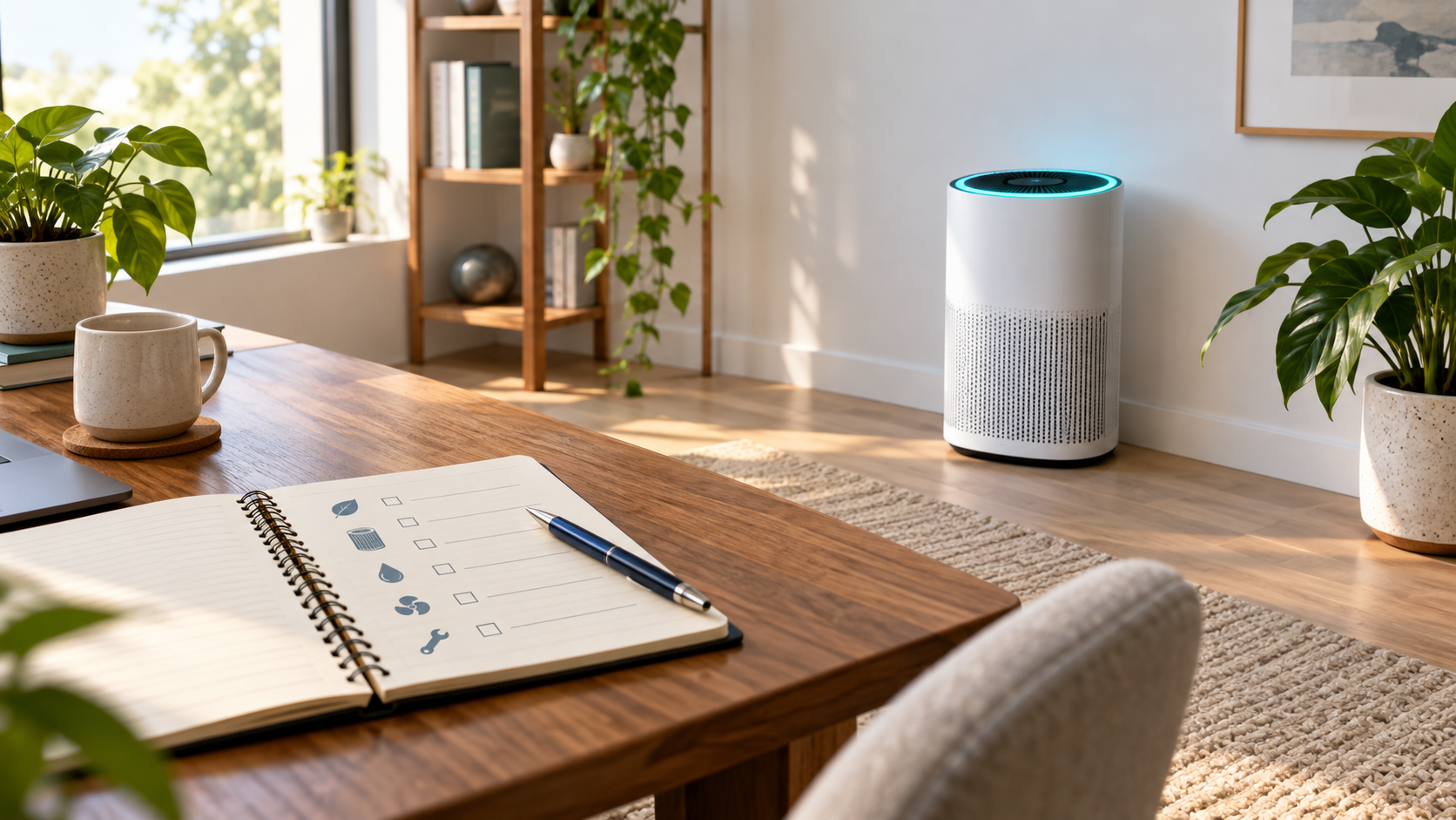 Modern smart air purifier running quietly in a clean home office with generous wall clearance and a printed filter maintenance checklist on the desk