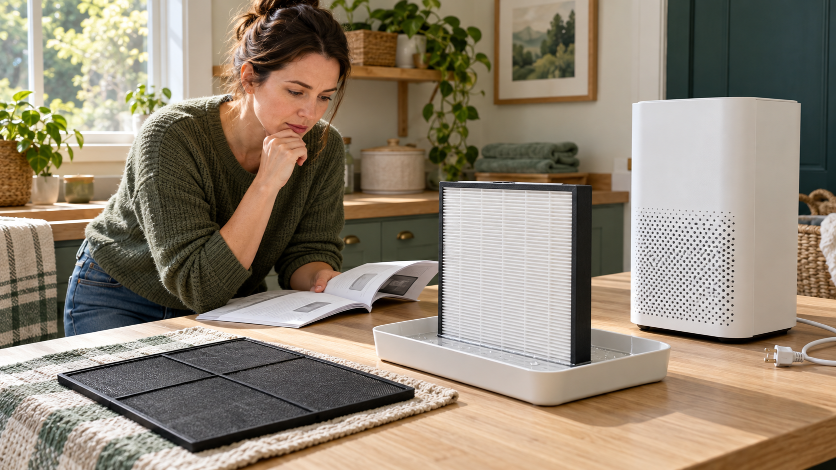 Homeowner checking a manual beside an unplugged air purifier, a pleated filter in a tray, and a separate mesh pre-filter.