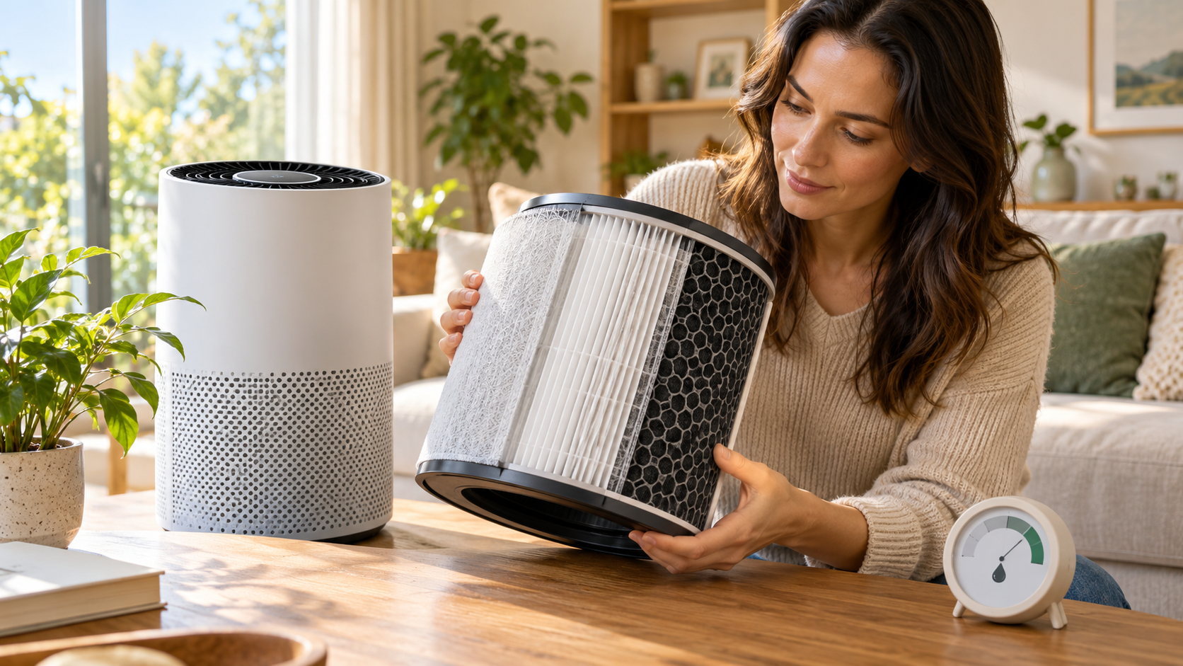 Homeowner in a bright living room inspecting a cylindrical smart air purifier filter with pleated HEPA media and an activated carbon core next to a digital humidity monitor