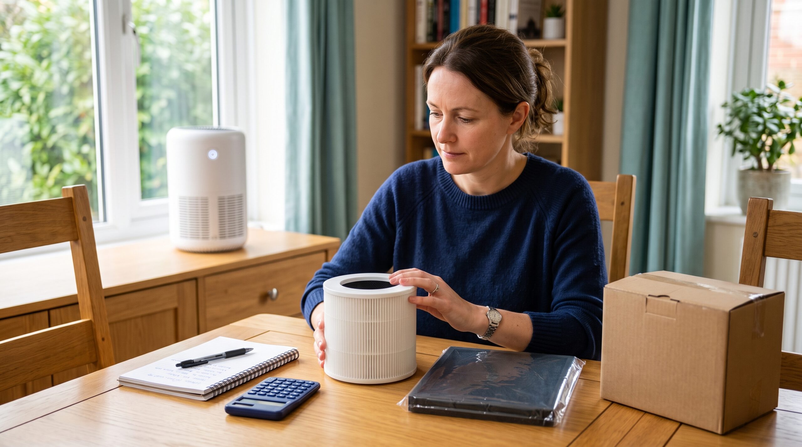 Homeowner inspecting a cylindrical air purifier filter beside a packaged filter, notebook, and calculator.