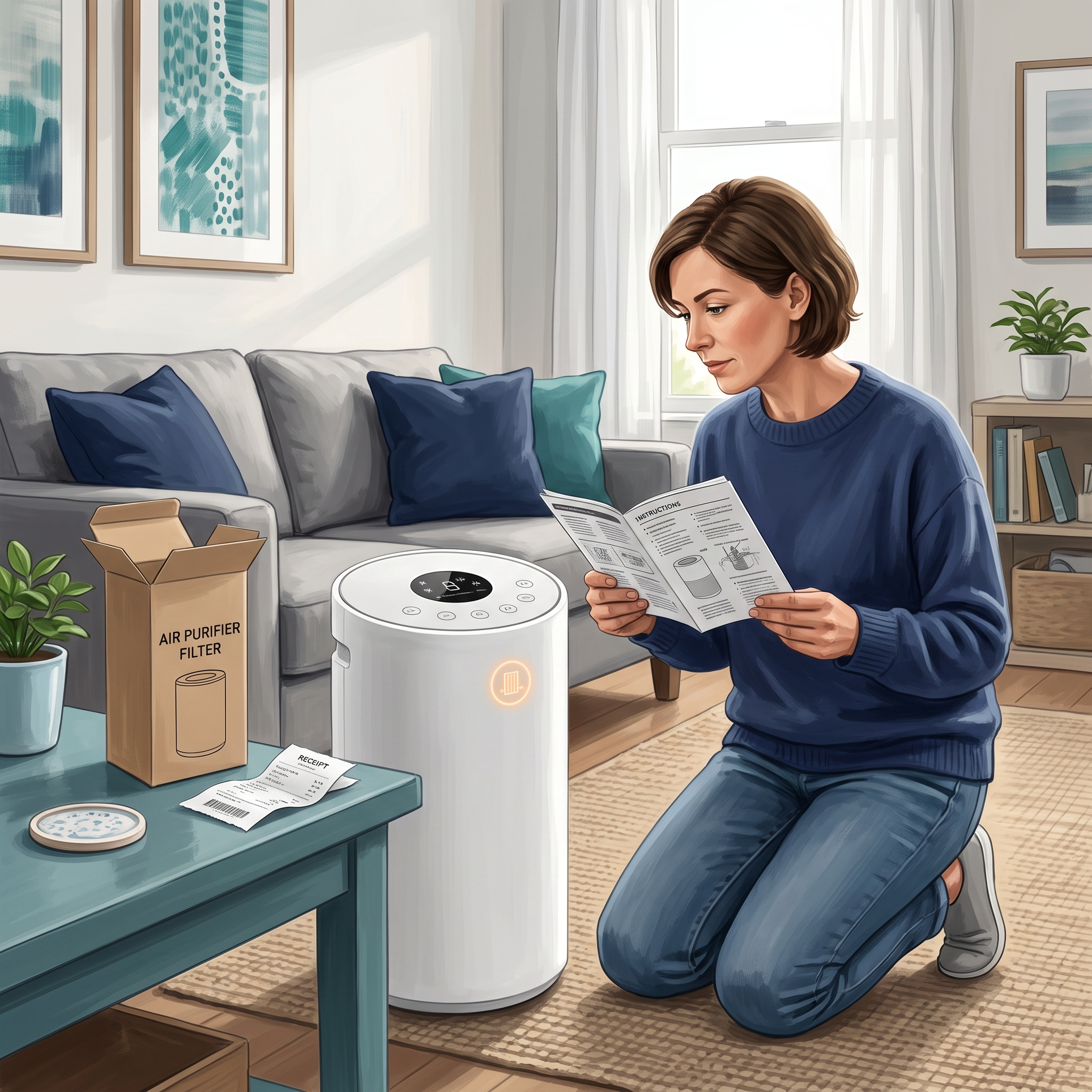 Homeowner checking the purifier manual after replacing an air purifier filter.